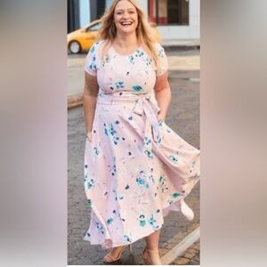 Lane Bryant Light Pink Floral Short Sleeve Dress size 16 tie‎ waist